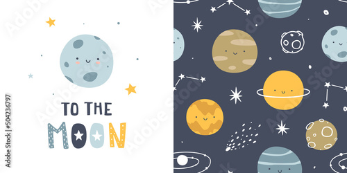 Pattern with cute planet in outer space. Scandinavian astronomy seamless vector print for nursery and kids pajamas.