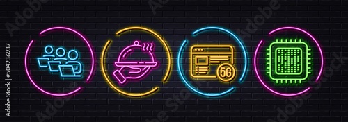 Restaurant food, 5g internet and Teamwork minimal line icons. Neon laser 3d lights. Cpu processor icons. For web, application, printing. Room service, Wifi quality, Remote work. Vector