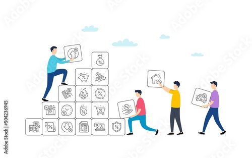 Loan line icons. People team work concept. Set of Investment, Interest rate and Percentage diagram linear icons. Car leasing, analytics plan, Credit card percent and loan rate. Vector