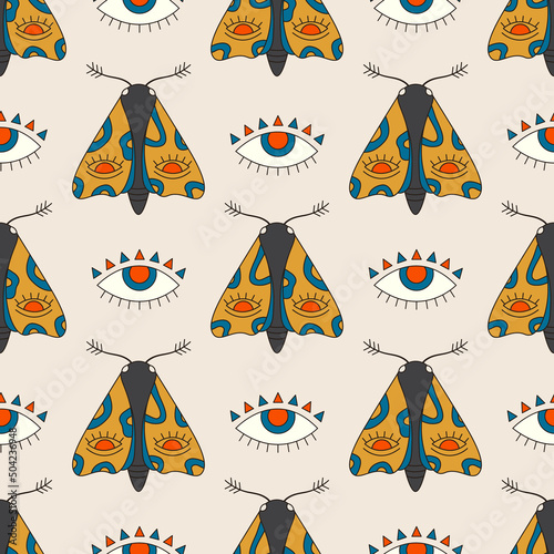 Seamless vector pattern with cartoon mystic night moth and eye illustrations. Retro groovy texture with psychedelic butterfly. Vintage bohemian background