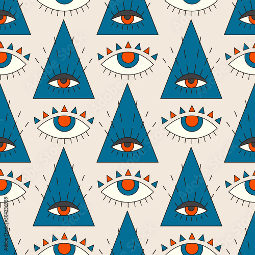 Seamless vector pattern with psychedelic religion symbols. Retro groovy graphic background with triangle and abstract eye. Vintage hippy texture
