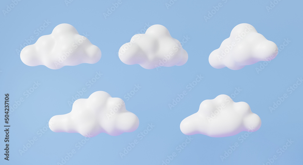 White clouds cute smooth floating on sky blue background. Minimal cartoon fluffy illustration. 3d rendering