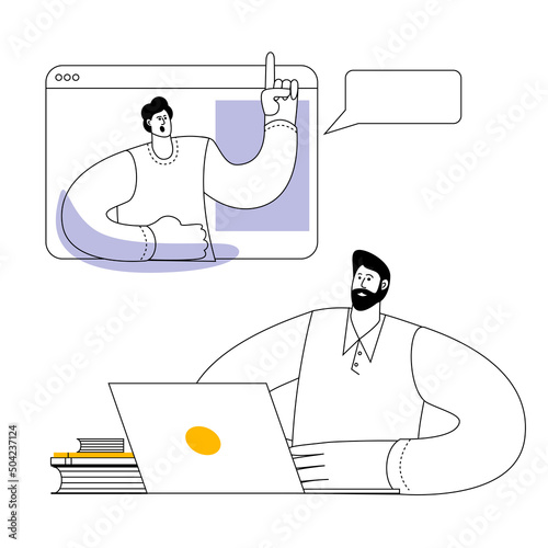 A man is sitting at his laptop and listening to a webinar. Vector illustration on the topic of online education.