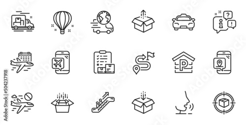 Outline set of Pin marker, Escalator and Parcel tracking line icons for web application. Talk, information, delivery truck outline icon. Include Packing boxes, Parking, Cancel flight icons. Vector