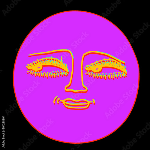 Psychedelic vintage smiley - retro rgb. Psychedelic 1970 good vibes - sunshine face. Trippy acid moon. Funky sticker, groovy face character.Pink hippie vector sun. Quirky emotion