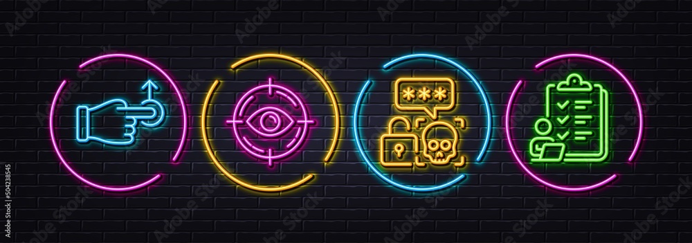 Cyber attack, Drag drop and Eye target minimal line icons. Neon laser 3d lights. Checklist icons. For web, application, printing. Password hacking, Move, Optometry. Questioning clipboard. Vector