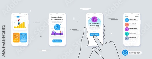 Set of Accounting, Mail and Alarm clock line icons. Phone ui interface. Include Recovery data, Manual doc, Lock icons. Employees talk, Cyber attack, Approved phone web elements. Vector