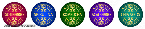 Set of superfood labels: chia seeds, spirulina, goji berries, acai berries and kombucha. Antioxidants and vitamins natural source