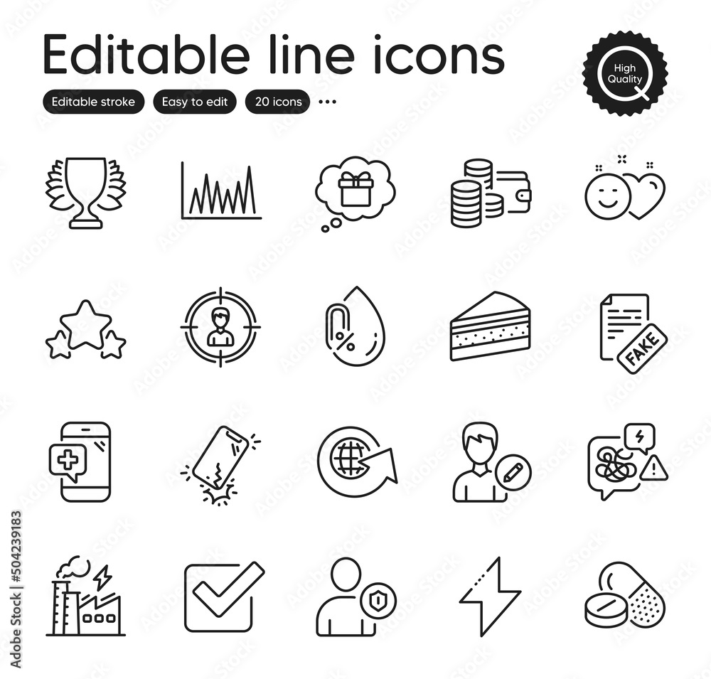 Set of Business outline icons. Contains icons as Headhunting, Cake and Medical phone elements. Fake news, Line graph, Stars web signs. No alcohol, Electricity factory, Edit person elements. Vector