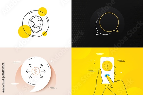 Minimal set of Inspiration, Chat message and Global business line icons. Phone screen, Quote banners. Dollar exchange icons. For web development. Creativity, Speech bubble, Outsourcing. Vector
