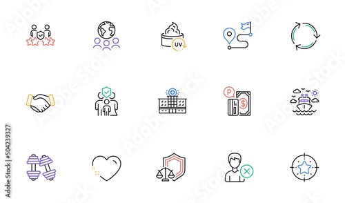 Hospital building, Uv protection and Recycling line icons for website, printing. Collection of Family insurance, Ship travel, Dumbbells icons. Global business, Remove account. Vector