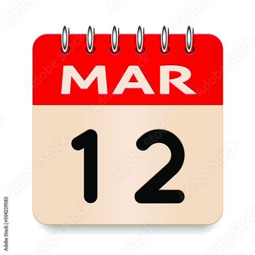 12 day of the month. March. Flip old formal calendar daily icon. Date day week Sunday, Monday, Tuesday, Wednesday, Thursday, Friday, Saturday. Cut paper. White background. Vector illustration. 3d