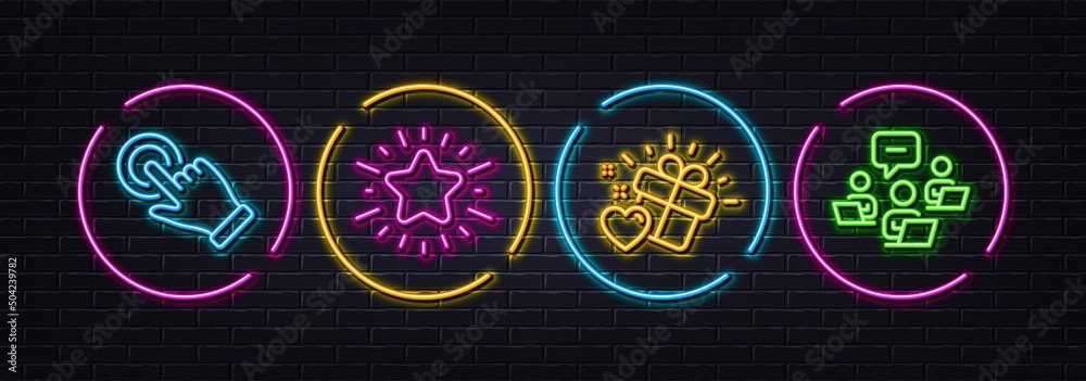 Love gift, Touchscreen gesture and Twinkle star minimal line icons. Neon laser 3d lights. Teamwork icons. For web, application, printing. Heart, Click hand, Best rating. Remote work. Vector