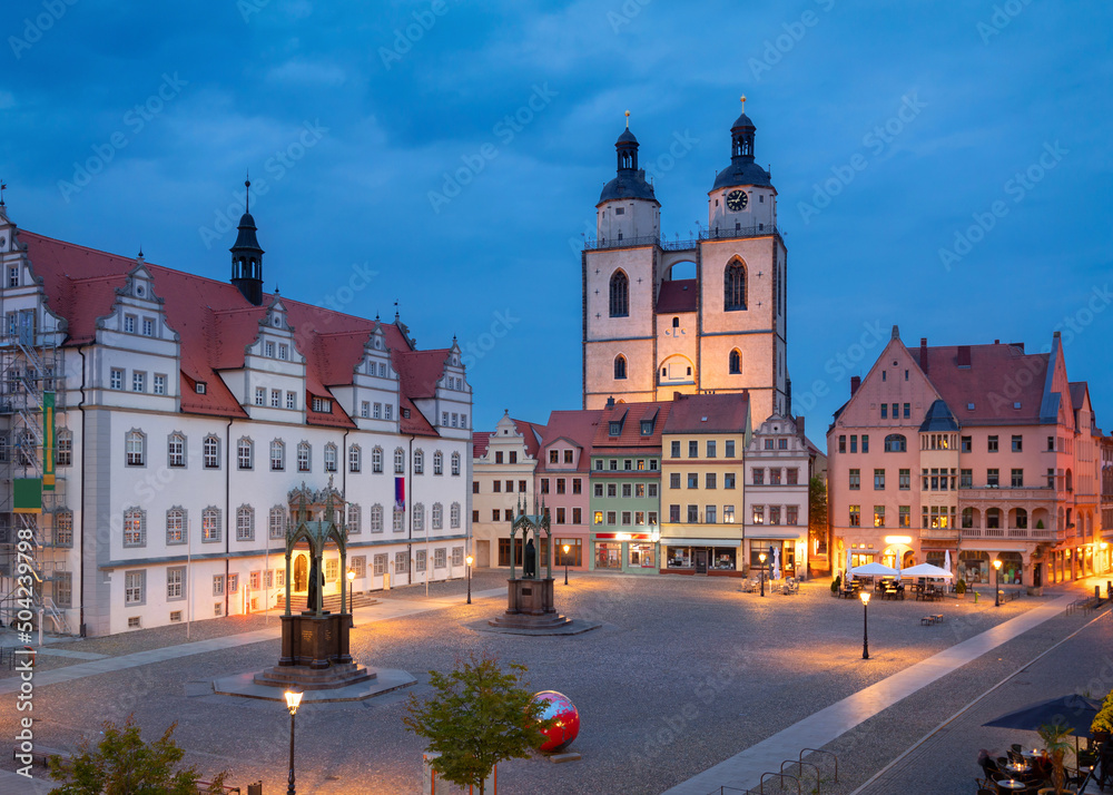 Wittenberg,  Saxony-Anhalt, Germany. View of Markt square at dusk