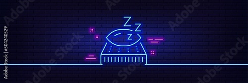 Neon light glow effect. Mattress line icon. Night sleep bed rest sign. Pillow with zzz symbol. 3d line neon glow icon. Brick wall banner. Mattress outline. Vector