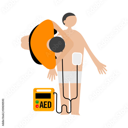 Cartoon character for cardiac arrest resuscitation by CPR with AED .