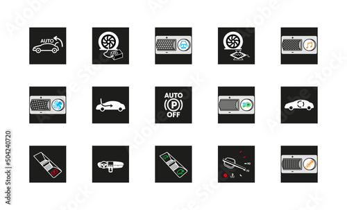 Set of 15 big icons related to car like button, indicator, tire inflation and so on. Modern smart vehicle icons. Car warning signs. Linear original logo. Simple outline style sign icon.