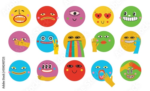 Collection of Round abstract comic Faces with various Emotions. Crazy Abstract comic geometric shape characters elements and faces. Vector Illustration