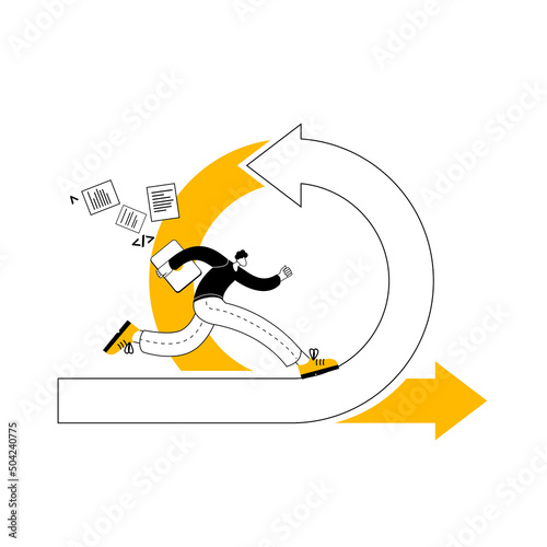 A man with a laptop runs along the arrow. Vector illustration on the topic of agile methodology.