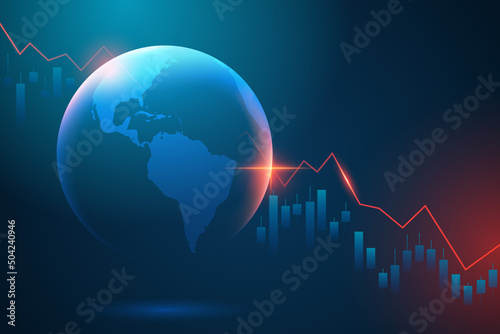 Hologram of planet Earth with negative chart of investment financial data. The concept of economic recession and crisis. Fall of world trade