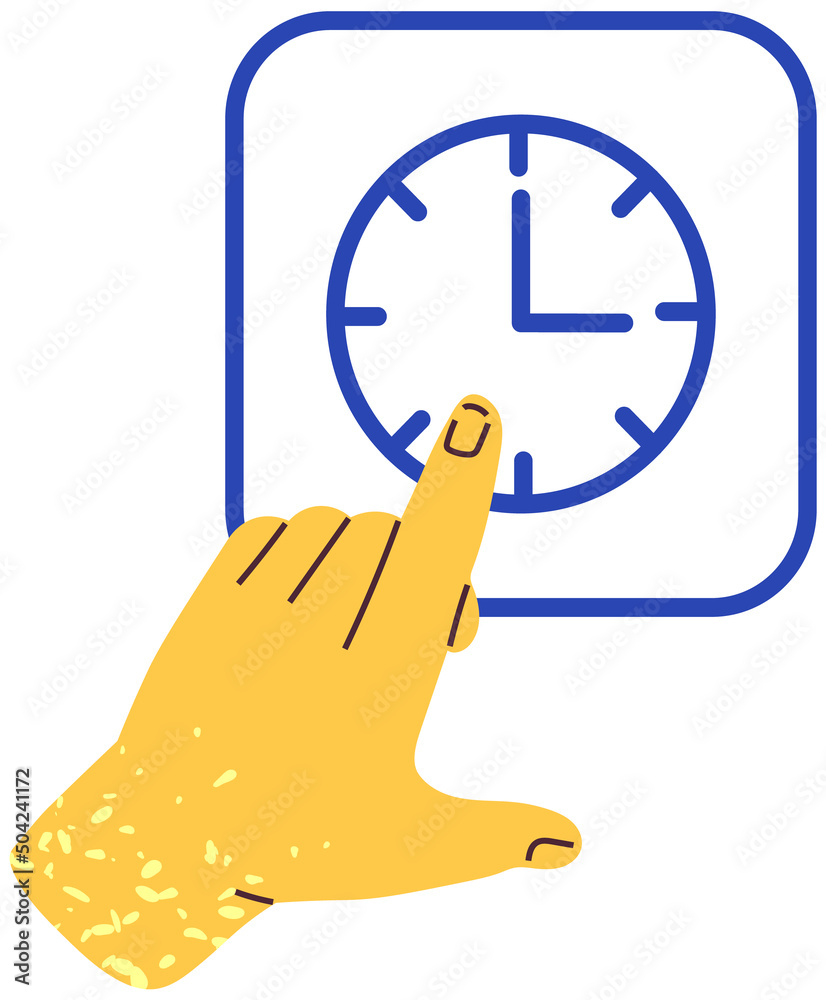 Hand points to clock with arrows, time symbol vector illustration. Time management, dealing with deadline concept. Clock for countdown, digital app icon. Determination of minutes and hours sign