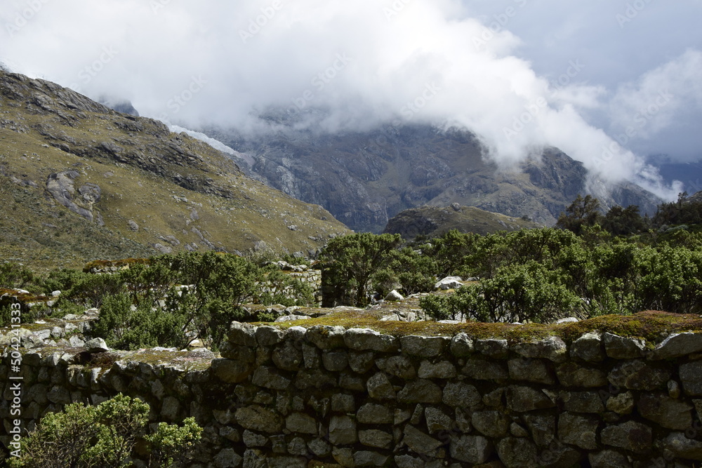 Stone structures on the hiking trail of Laguna 69, Huascaran National Park in Peru