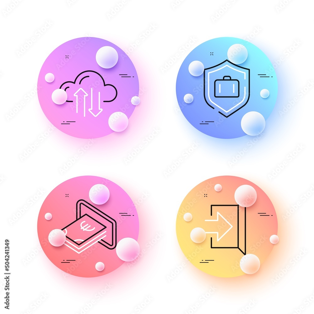 Exit, Luggage protect and Cash minimal line icons. 3d spheres or balls buttons. Cloud sync icons. For web, application, printing. Escape, Baggage defense, Atm payment. Synchronize storage. Vector Exit, Luggage protect and Cash minimal line icons. 3d spheres or balls buttons. Cloud sync icons. For web, application, printing. Escape, Baggage defense, Atm payment. Synchronize storage. Vector