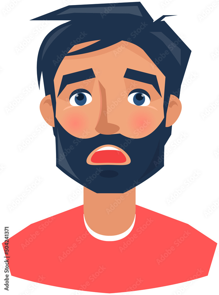 Shocked face expression of adult man. Person with emotion of amazement. Upset face of bearded male character. Afraid scared guy isolated on white background. Expressing human emotion concept
