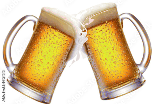 Two beer mugs, tops touching, cheers, with ice cold yellow refreshing beer bubbling over