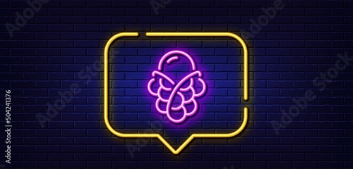 Neon light speech bubble. Ice cream bubble waffle line icon. Vanilla sundae cone sign. Frozen summer dessert symbol. Neon light background. Ice cream glow line. Brick wall banner. Vector