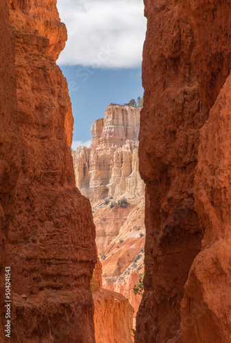 Slot canyon on the Navajo Loop Trail in Bryce Canyon National Park with blue sky in background