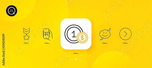 Flight mode, Sleep and Forward minimal line icons. Yellow abstract background. Winner medal, Usd coins icons. For web, application, printing. Smartphone app, Sleepy face, Next direction. Vector