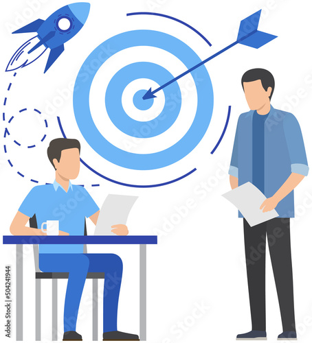 Goals and objectives, business grow and plan concept. Targeting, target marketing, business mission concept. Workers planning business strategy for leadership, success. Colleagues work in office