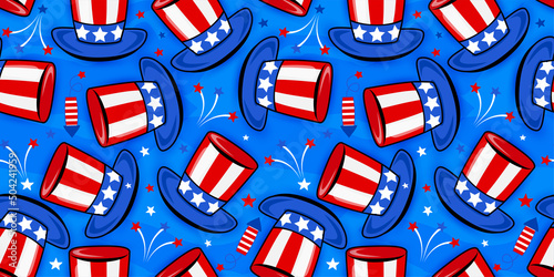Uncle Sam hat and fireworks pattern design in USA colors - funny drawing seamless pattern. wallpaper, wrapping paper. Happy Independence Day. Red, white and blue. Happy 4th of July.