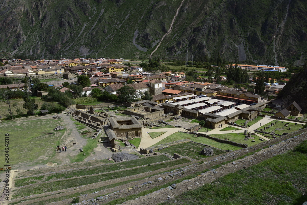 Inca ruins of Ollantaytambo, a fortress and city of Incas in Peru. Ancient building in Sacred Valley in Peruvian Andes