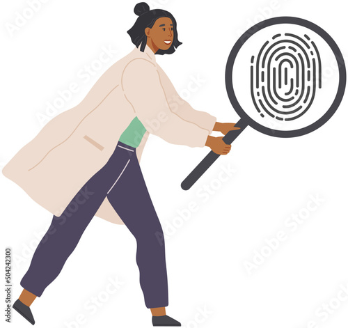 Lady looking at black and white finger print with search loupe. Scientist examines evidence of crime. Lady near fingerprint of suspect under magnifying glass. Analytics and research for consequence