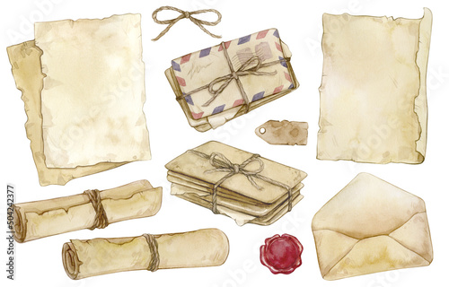 Set of watercolor illustrations with vintage envelopes, letters, wax seal, old paper and scrolls isolated on a white