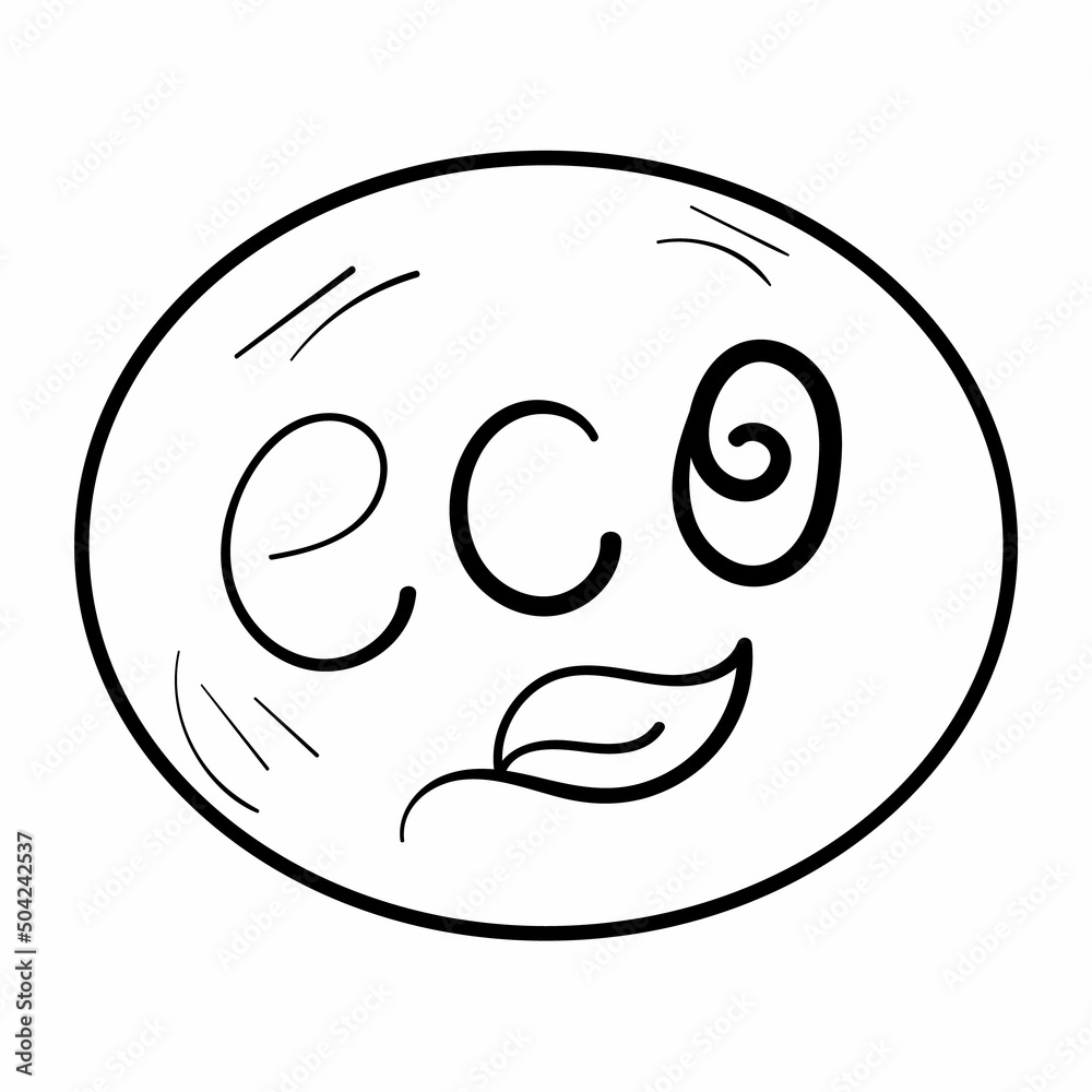 Black doodle eco type in circle with leaf. Icon on white background.
