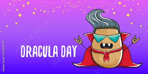26 may world dracula day greeting horizontal banner with vector funny cartoon cute dracula potato with fangs and red cape isolated on violet background. vampire monster vegetable funky character