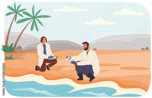 People exploring nature, analyze soil. Researchers take samples of biomaterial. Environmental and ecology research. Scientists conduct ecological experiment. Explorers work in forest or park