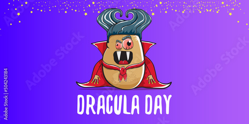 26 may world dracula day greeting horizontal banner with vector funny cartoon cute dracula potato with fangs and red cape isolated on violet background. vampire monster vegetable funky character