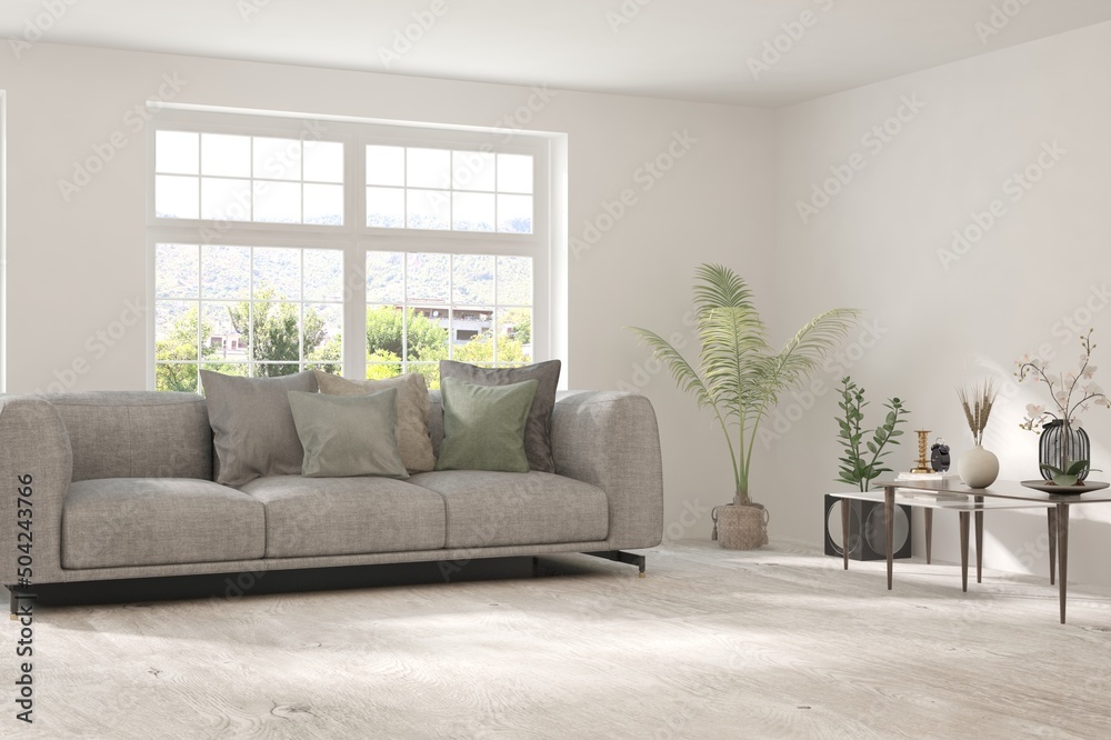 Fototapeta premium White living room with sofa. Scandinavian interior design. 3D illustration