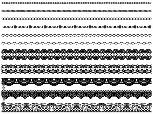 Set of wide lace ribbons with print. Black design elements isolated on white background. Seamless pattern for creating style of card with ornaments. Lace decoration template, ribbons for design