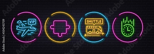 Puzzle, Shuttle bus and Vip flight minimal line icons. Neon laser 3d lights. Fast delivery icons. For web, application, printing. Puzzle piece, Terminal transfer, Charter airplane. Stopwatch. Vector