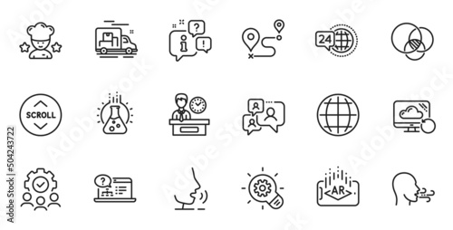 Outline set of Breathing exercise, Recovery cloud and Online help line icons for web application. Talk, information, delivery truck outline icon. Vector