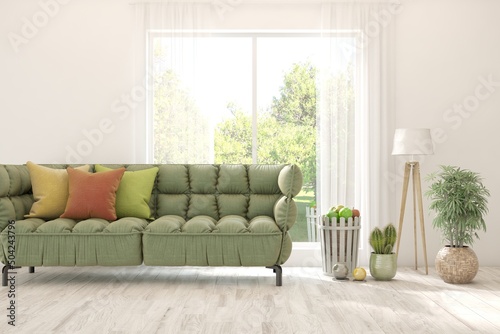 White living room with sofa and summer landscape in window. Scandinavian interior design. 3D illustration