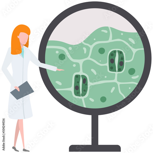 Scientists make laboratory analysis of life system and organisms. Idea of education, botany, microbiology. Biologists study structure of plant cell. Biological research with green sample in lab