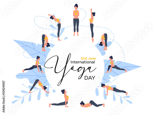 Vector banner 21 june international yoga day. Sun salutation yoga sequence  eps 10