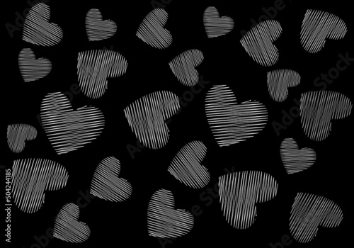Fondo de garabatos blancos de corazones sobre fondo negro
