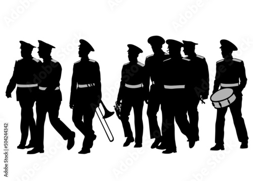 Military musicians in uniforms with wind instruments on a white background